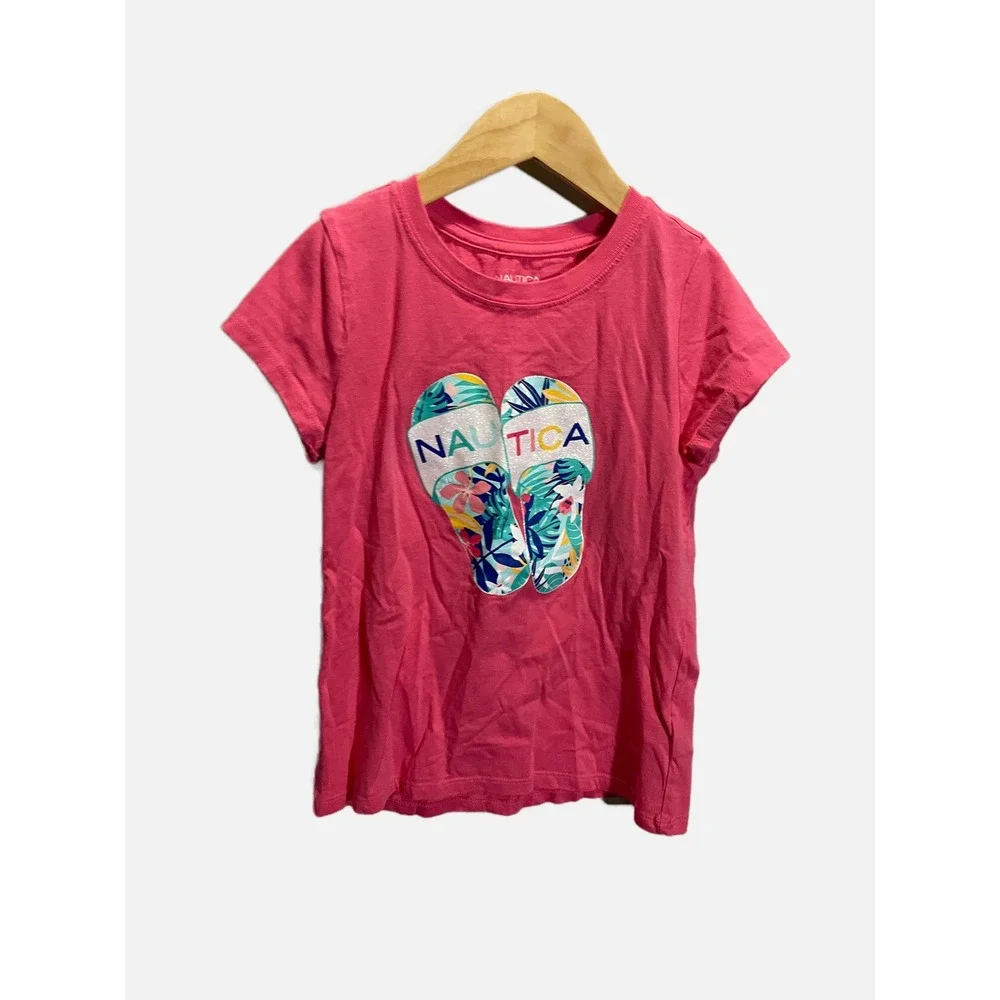 Nautica Graphic Tee Kids Size M 8/10 Pink Flip Flop Glitter Summer Casual Shirt